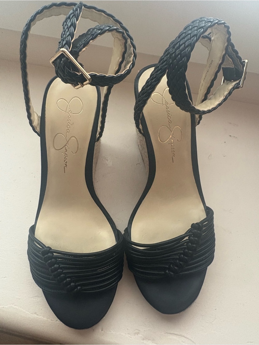 Jessica Simpson Black Braided leather Ankle-Strap 4” wedges espadrille sandals 8